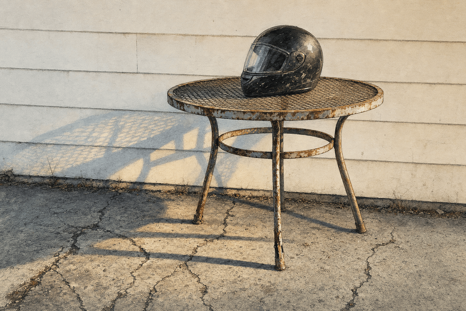 A hand-drawn editorial sketch of a rusted metal patio table with one chipped leg standing alone on a patch of cracked driveway concrete, a…