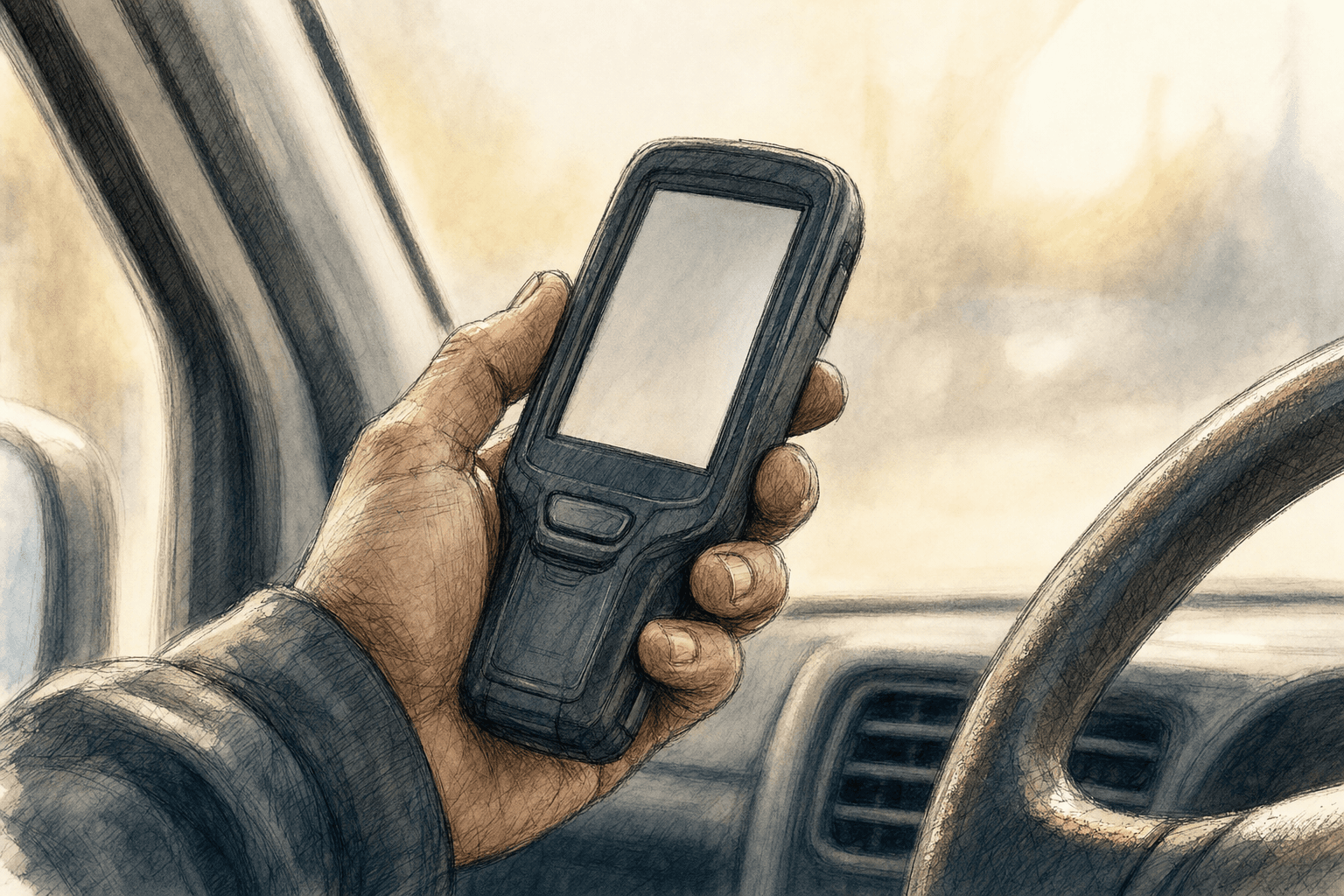 A hand-drawn editorial sketch of a delivery driver's hand holding a small handheld scanner with a blank screen, seen close up inside the cab of an…