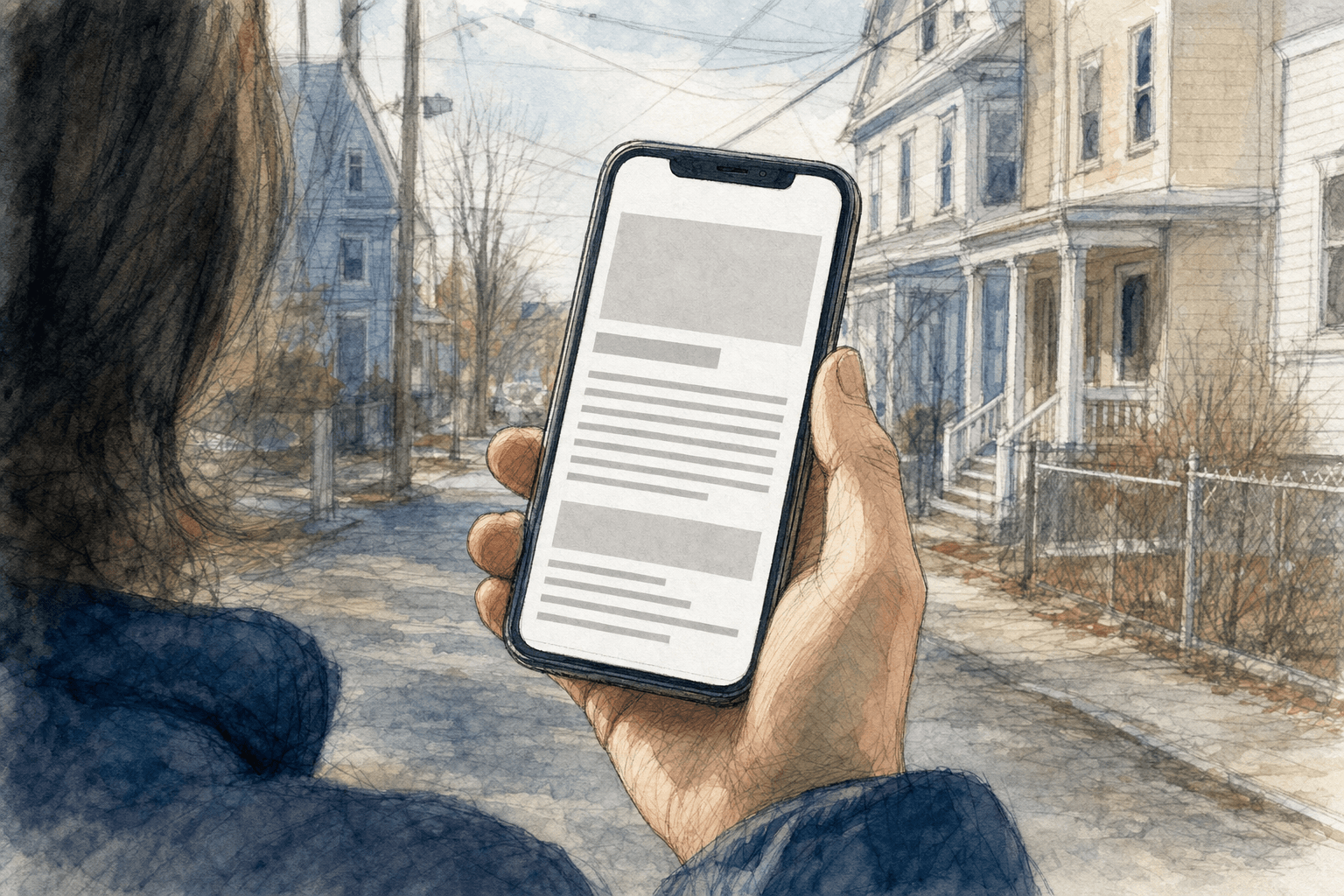 A hand-drawn editorial sketch of a single anonymous hand holding a smartphone at arm's length, the screen showing a blank untitled article layout…