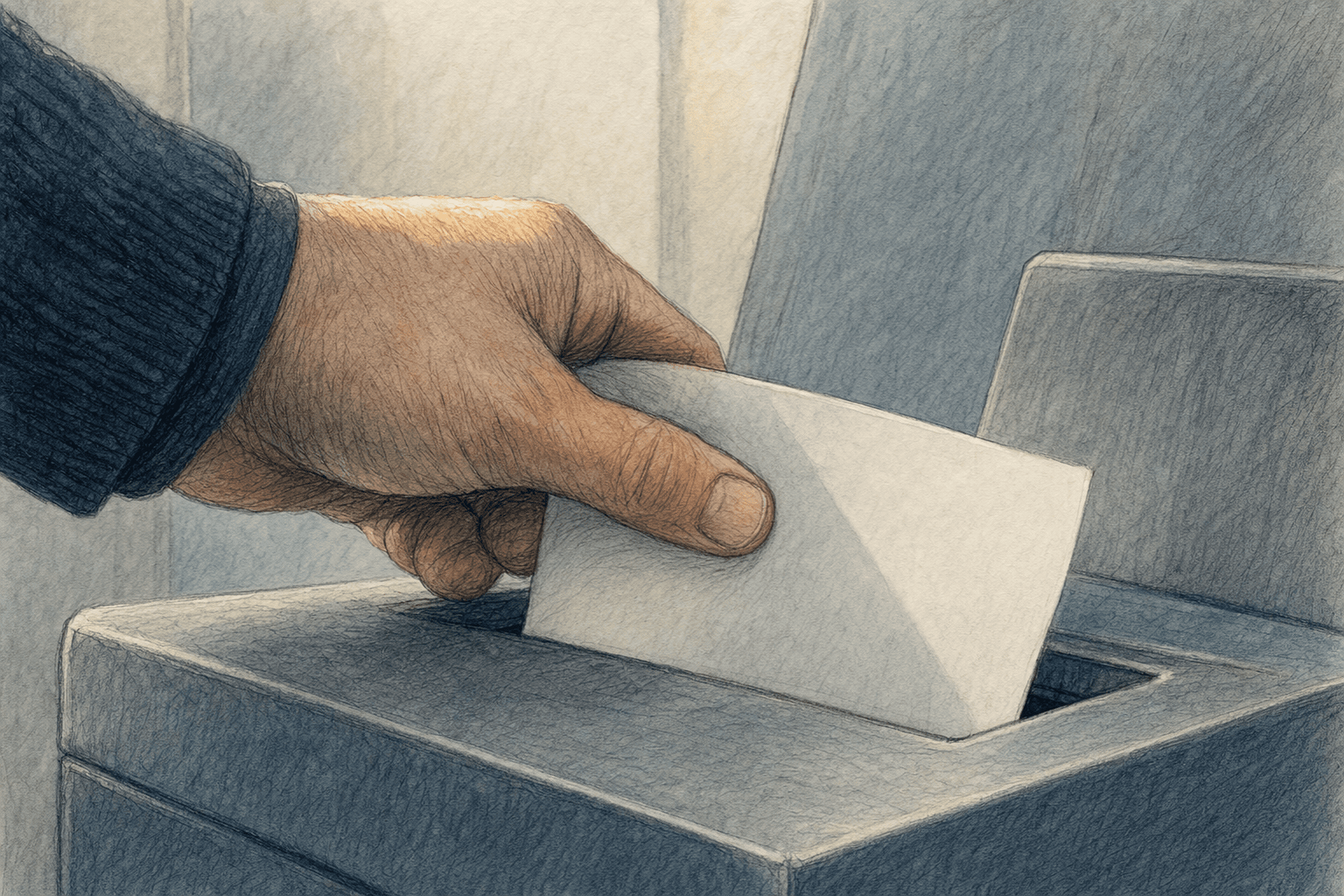 A hand-drawn editorial sketch of a single anonymous hand pressing a paper ballot into the slot of a plain voting machine, seen extremely close up…