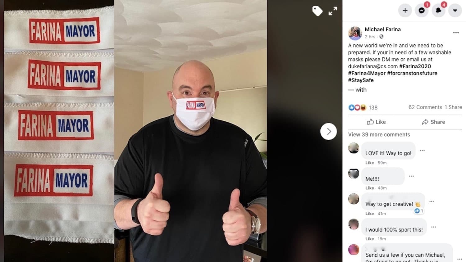Genius or Exploitation? Cranston mayoral candidate giving away branded face masks