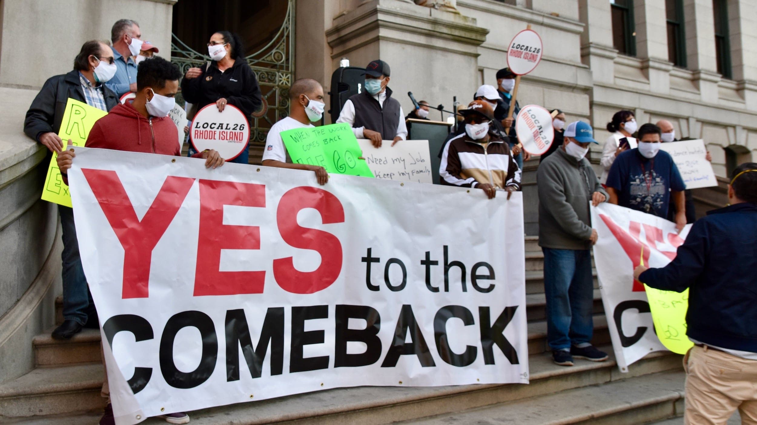 Hotel workers in Providence rally to guarantee their jobs after the pandemic