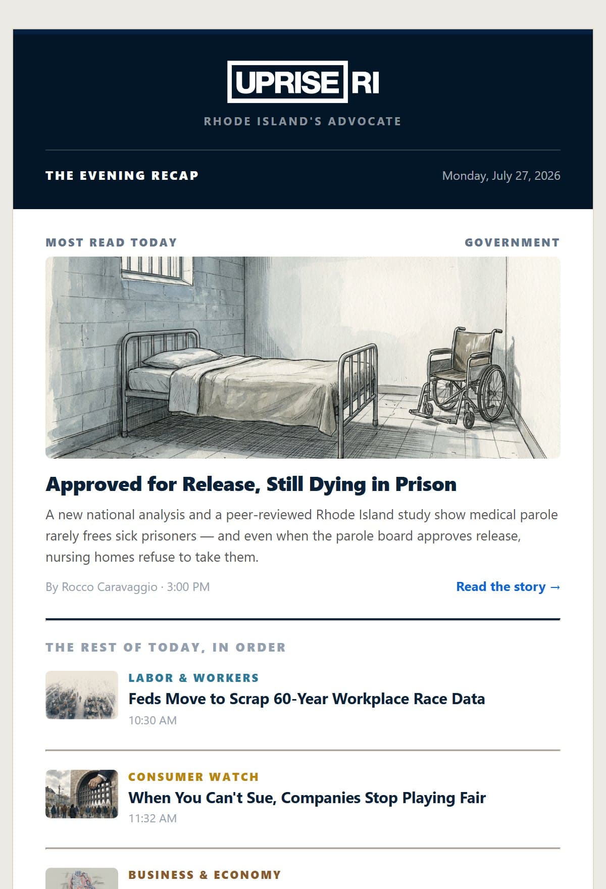 The top of a real Evening Recap email: the Uprise RI masthead, the day's most-read story, and a list of the rest of the day's stories with thumbnails and publish times.