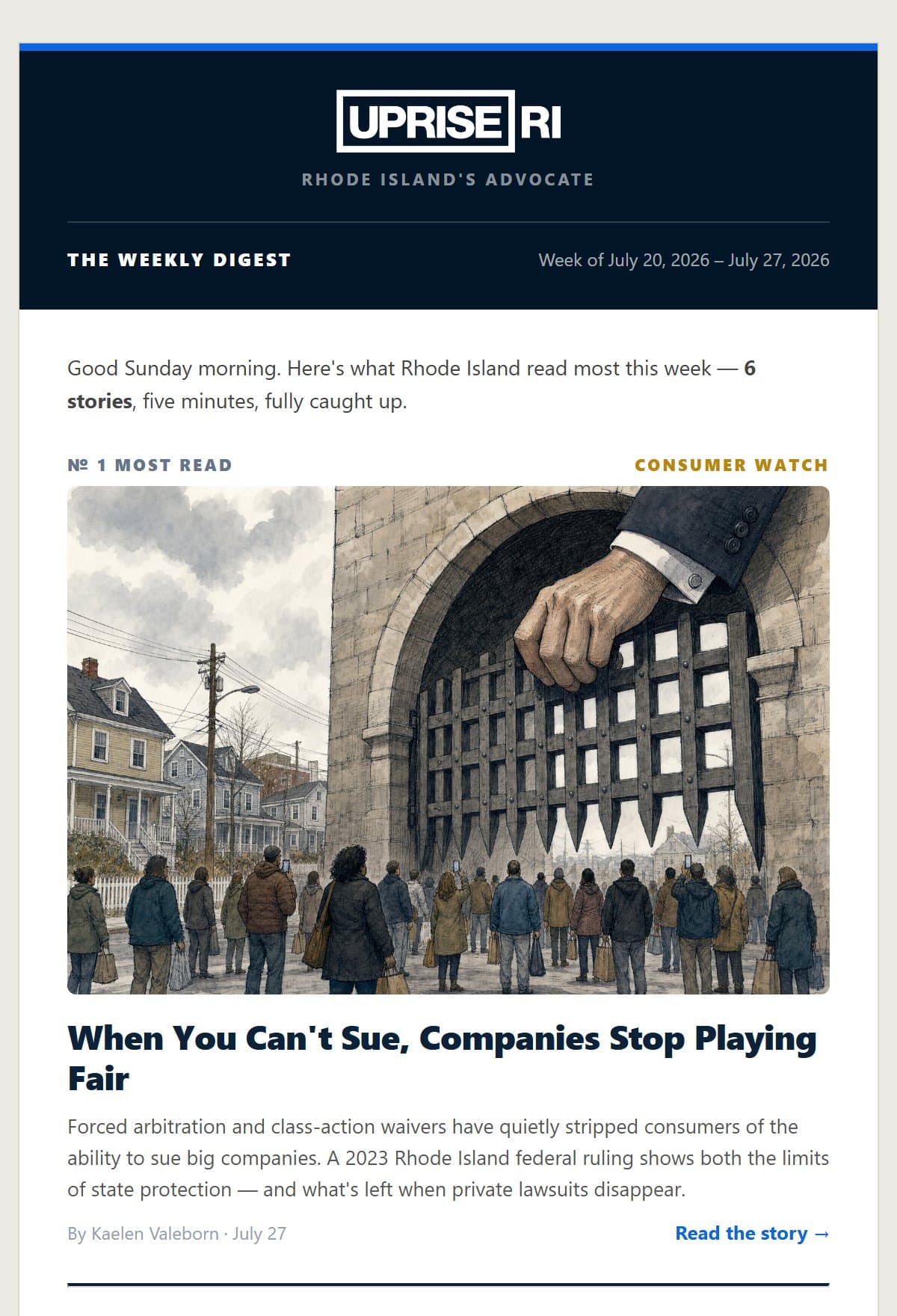 The top of a real Weekly Digest email: the Uprise RI masthead, the week's date range, and the week's most-read story with its illustration, headline and summary.