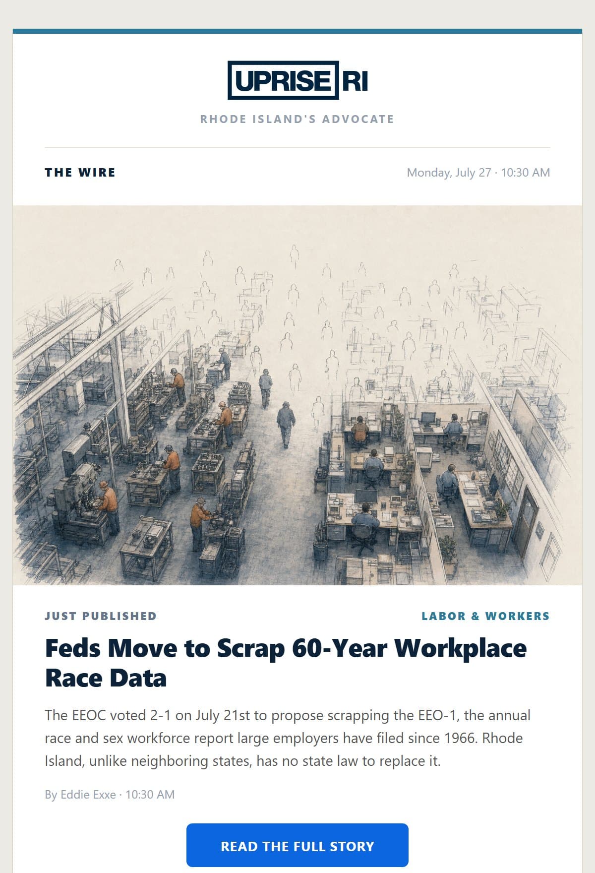 The top of a real Wire alert: the Uprise RI masthead, a just-published label, and the new story's illustration, headline, summary and Read the full story button.