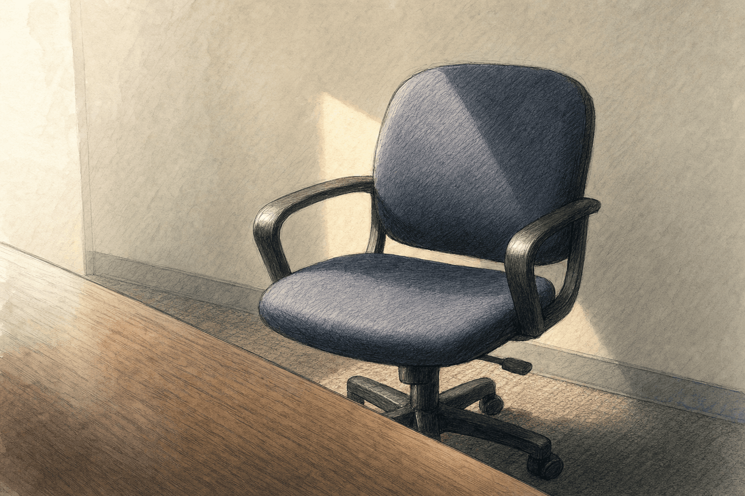A hand-drawn editorial sketch of a single empty office chair pulled back from a bare desk edge, seen close up from a low angle against a plain…