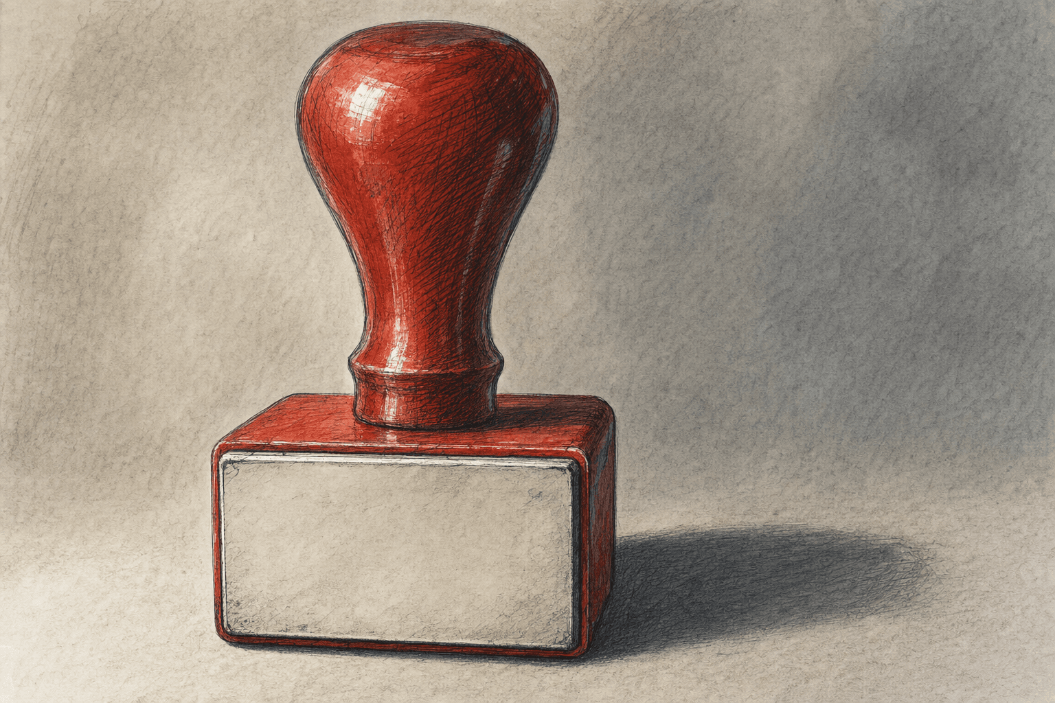 A hand-drawn editorial sketch of a single red rubber stamp standing upright on a plain surface, its blank base facing the viewer.