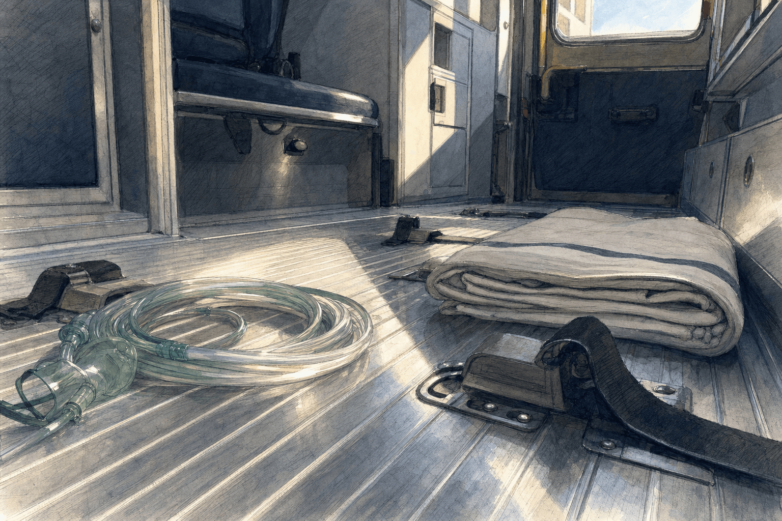 A hand-drawn editorial sketch of a single coiled length of ambulance oxygen tubing and a folded blanket resting on the bare aluminum floor of an…