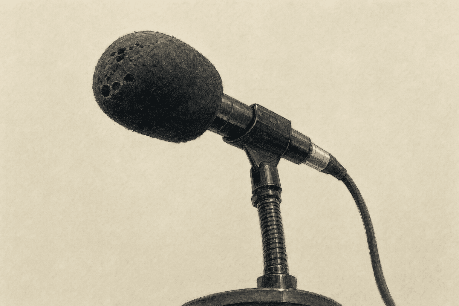 A hand-drawn editorial sketch of a single public-comment microphone on a short adjustable gooseneck stand, seen extremely close up from slightly…