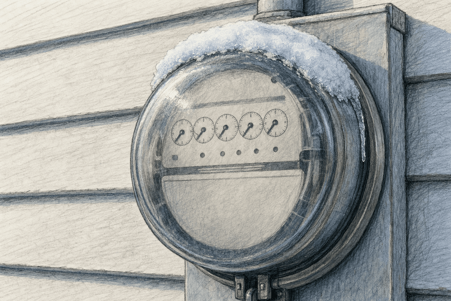 A hand-drawn editorial sketch of a single old analog electric meter mounted on a plain clapboard wall, its dial faces blank, dusted with a thin line…