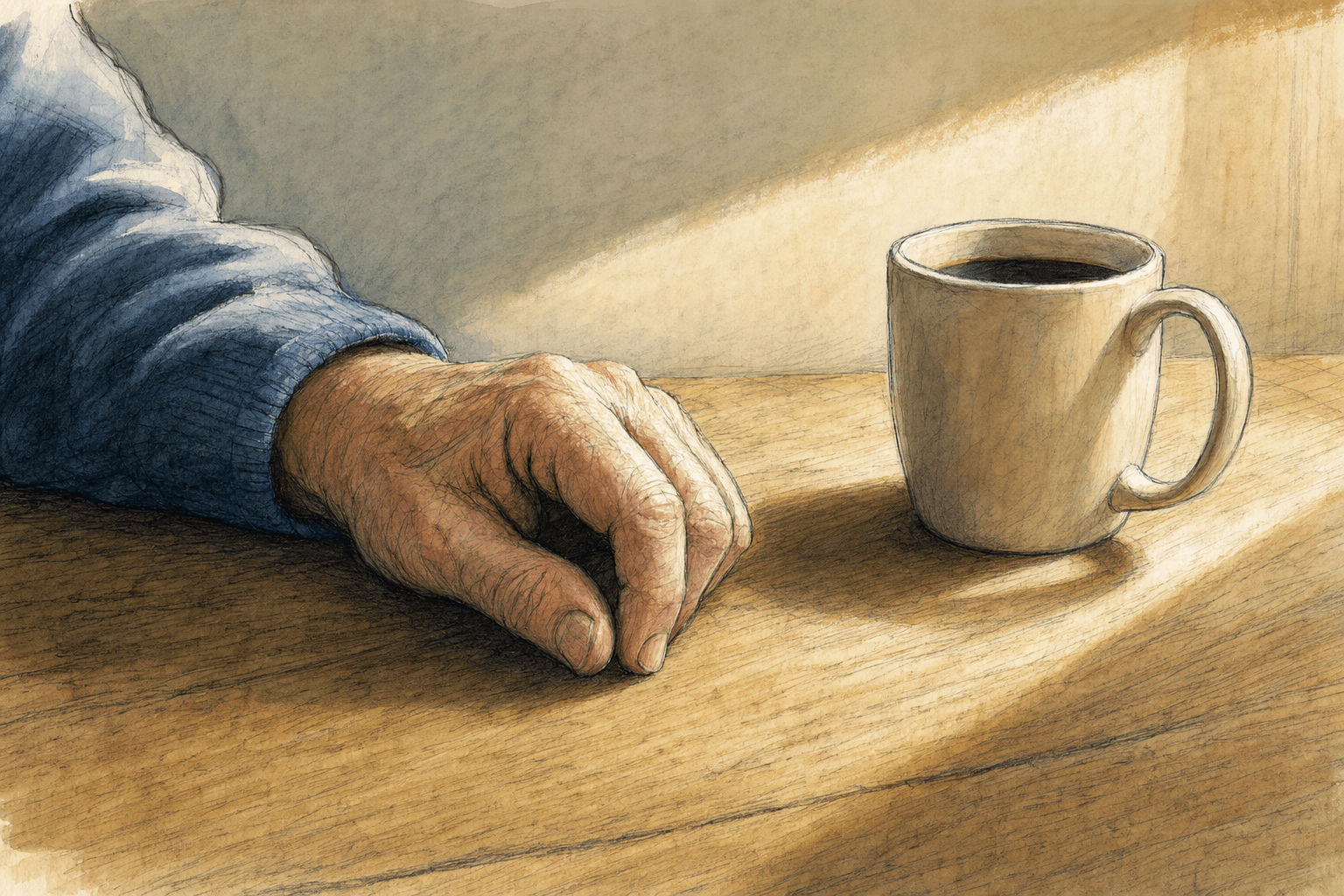 A hand-drawn editorial sketch of a single anonymous older hand resting on a plain kitchen table beside a coffee mug, fingers curled as if waiting,…