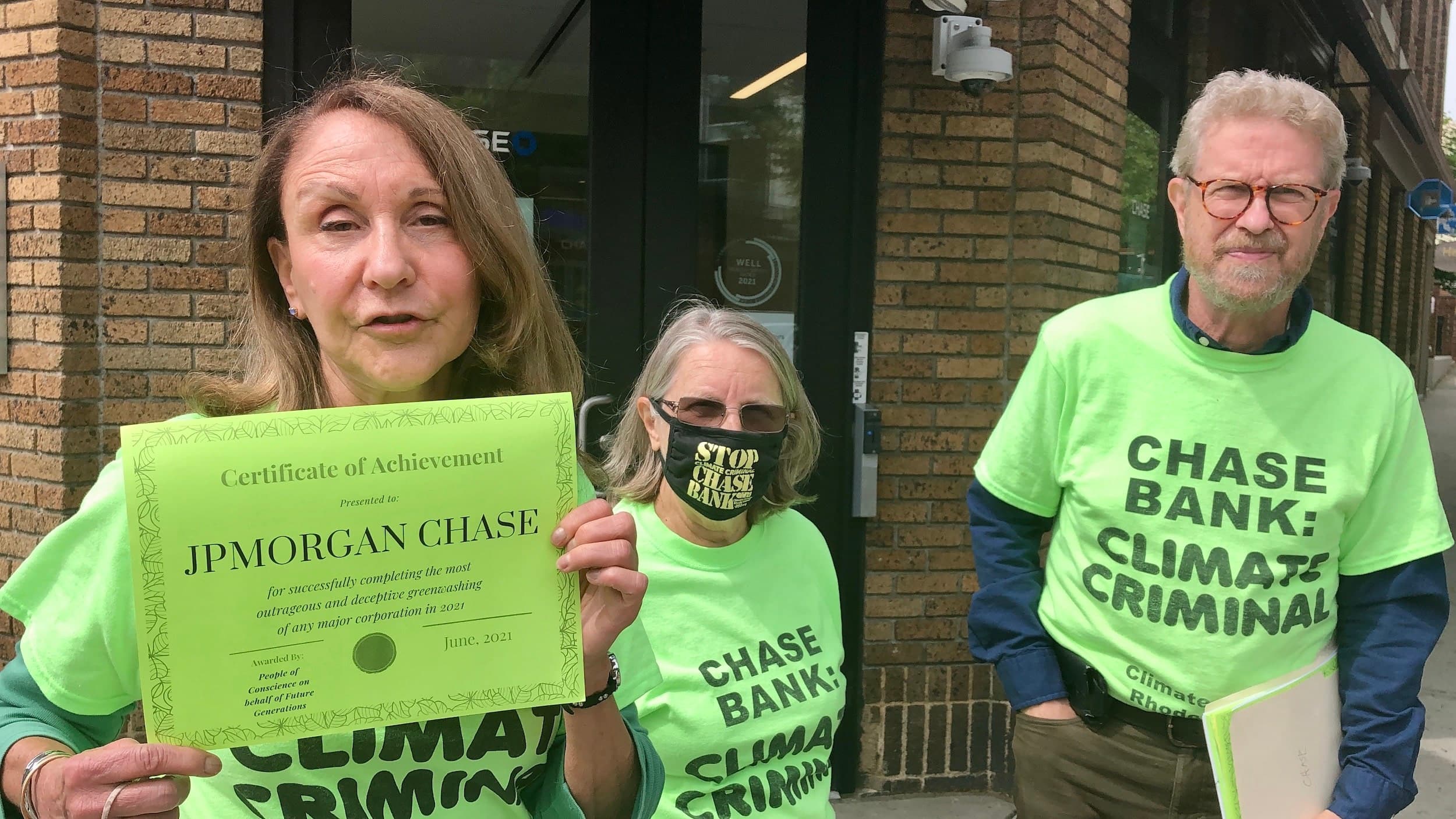 Climate Action RI issues greenwashing award to Chase Bank branches throughout the state