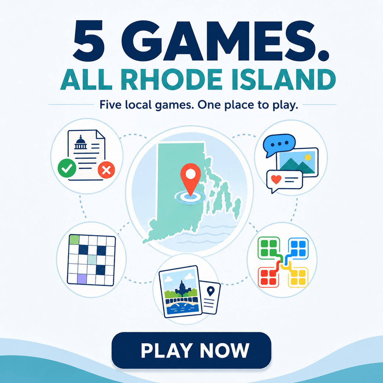 Five Rhode Island games in one place on Uprise RI: Crossword, Rhody Links, Where Am RI?, Caption Clash, and Bill or Bluff