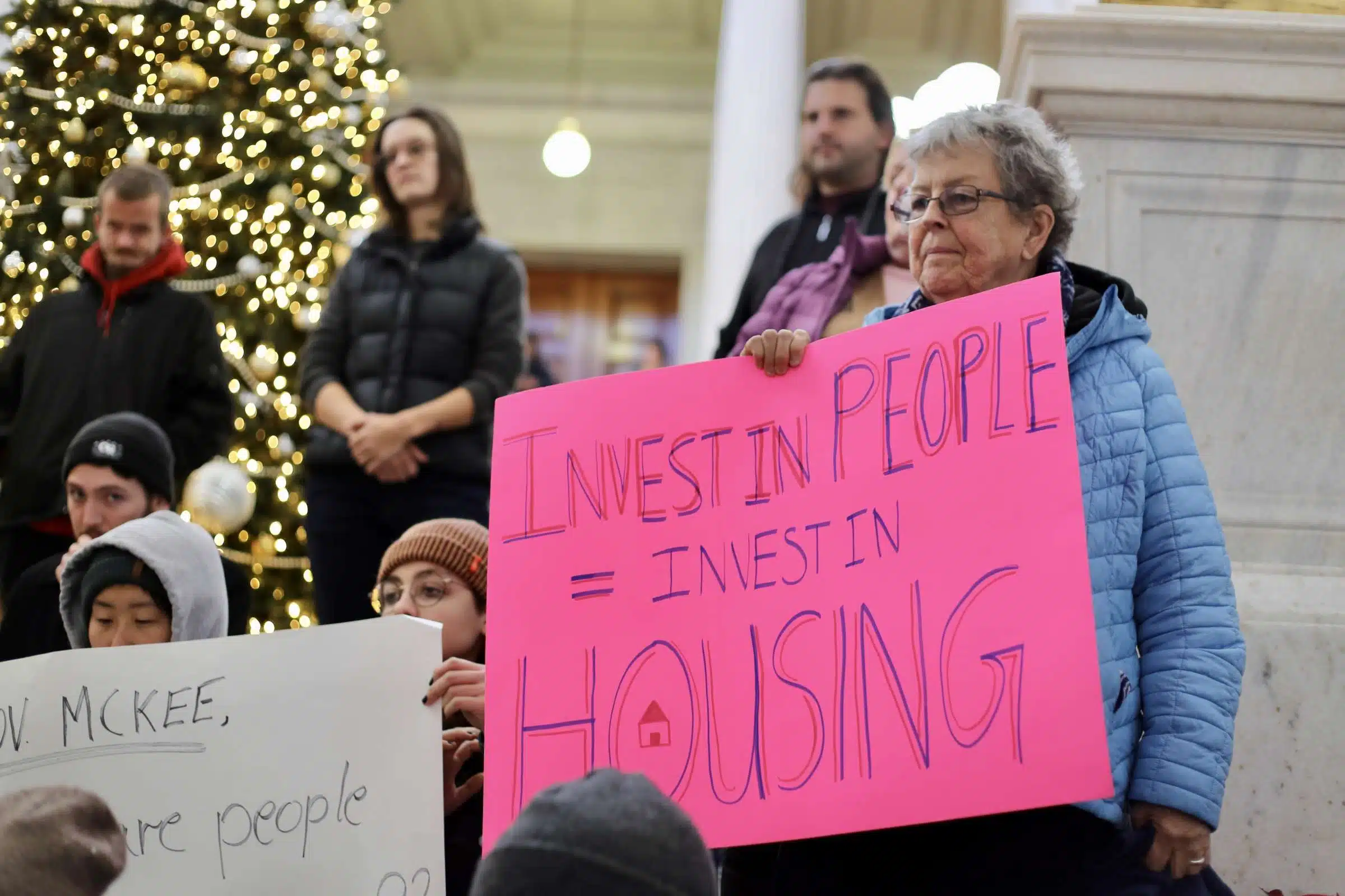 Sister of Mercy Mary Pendergast at a rally against Rhode Island Governor Daniel McKee, opposing his plan to evict a homeless encampment