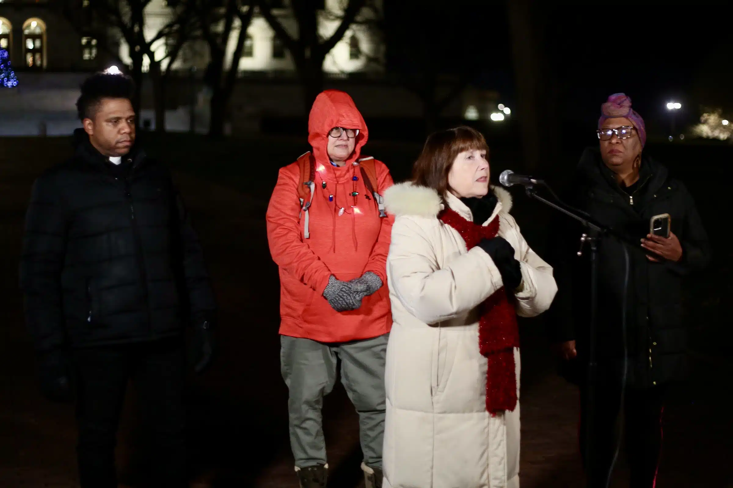 Pastor Carl Jeffries, Gail, Pamela Poniatowski and Terri Wright speaking at Rhode Island State protests against the homelessness policies of Governor Daniel McKee